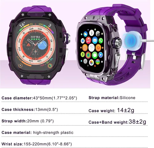 Miniatura 3 de Estuche de lujo translúcido para Apple Watch Ultra 1/2 de 49 mm, estuche resistente y ligero completamente envuelto con correa, correa de silicona