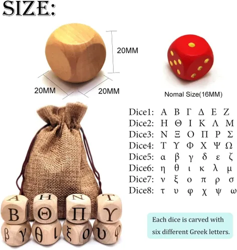 Miniatura 3 de Juego de dados de madera del alfabeto griego, 24 letras griegas talladas, cubos rodantes para juegos de fiesta de enseñanza