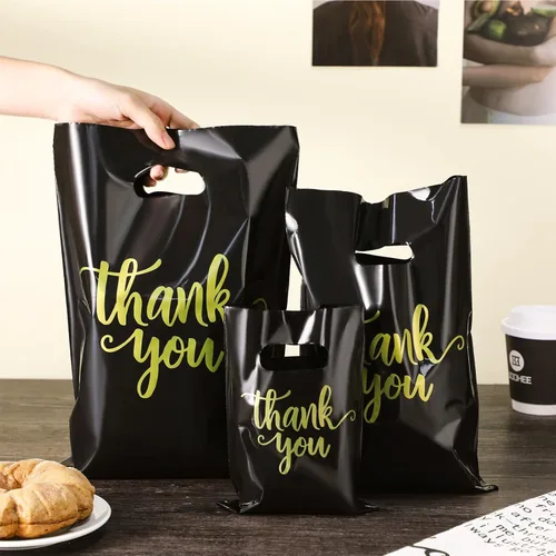 Miniatura 4 de Eersida 200 bolsas de plástico de agradecimiento con asas, bolsas de plástico troqueladas, bolsas de mercancía de compras a granel, 3 tamaños, Negro