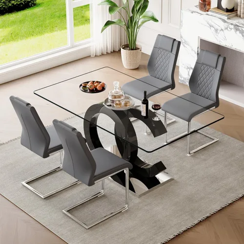 Miniatura 18 de gopop Mesa de comedor de cristal de 63 pulgadas, mesa de cocina moderna, mesa de comedor de vidrio transparente con patas de diseño único negro