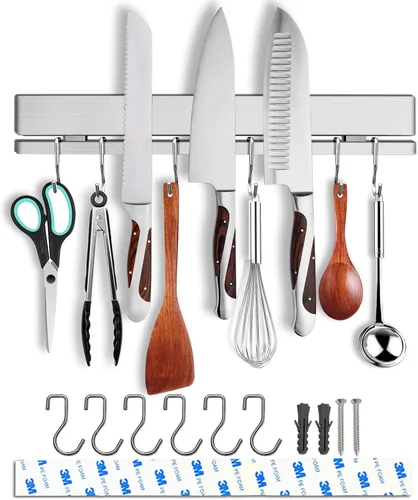 Miniatura 10 de Portacuchillos magnético de 17 pulgadas para pared, sin taladro/taladro, con 12 ganchos, cinta magnética de doble barra adhesiva fuerte, soporte