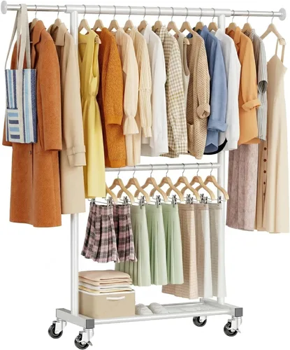 Miniatura 11 de Perchero de ropa estándar, 50 pulgadas de largo, con estantes de malla sobre ruedas, estante de armario portátil ajustable para dormitorio, cuarto