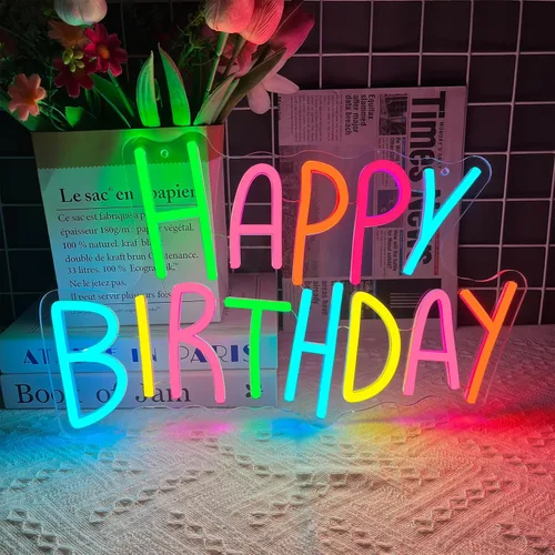 Miniatura 8 de Letrero de neón de feliz cumpleaños para decoración de pared, luces de neón de feliz cumpleaños coloridas, luz de neón LED de cumpleaños para telón