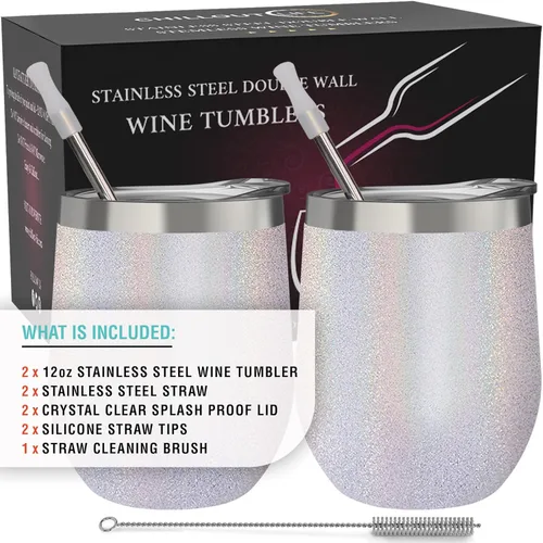 Miniatura 6 de CHILLOUT LIFE Vasos de Vino de Acero Inoxidable de 12 oz Paquete de 2 - Vasos de Vino con Aislamiento al Vacío de Doble Pared con Tapas y Pajitas