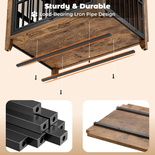 Miniatura 7 de Lulive Mueble de jaula para perros, jaula de madera para perros de interior con cuencos ajustables de 360° y altura, muebles de doble puerta