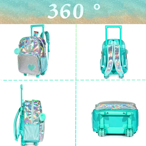 Miniatura 16 de Mochila con ruedas para niñas, mochila escolar con ruedas, bolsa escolar con bolsa de almuerzo y bolsa para lápices, mochila con ruedas para niños