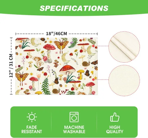 Miniatura 6 de Artoid Mode Juego de 4 manteles individuales modernos de hongos beige de 12 x 18 pulgadas para decoración de fiestas, cocina, comedor