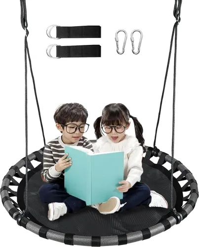 Columpio de árbol de platillo negro de 43 pulgadas para niños, columpio redondo volador impermeable y resistente a todo tipo de clima, tapete de