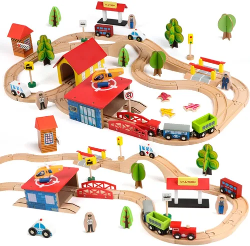 Qilay Juego de trenes de madera de 69 piezas, pistas y trenes de madera de primera calidad para niños pequeños de 3, 4 y 5 años, juguetes de tren