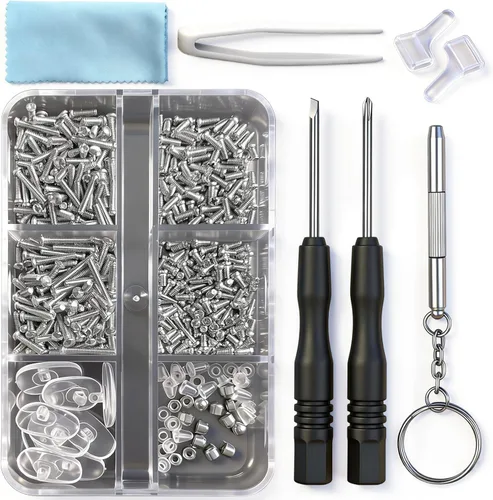 PTSLKHN Kit de reparación de lentes con tornillos, 15 tipos de tornillos para gafas, tornillos para marco, tornillos de bisagra, almohadillas de