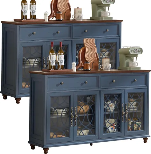 Miniatura 10 de Joaxswe Aparador de estilo rústico con almacenamiento, credenza grande de 59 pulgadas con 4 puertas de vidrio y 2 cajones, estantes ajustables, mesa