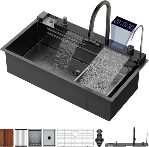 Miniatura 18 de Logmey Fregadero de cocina negro 33x22 empotrable, estación de trabajo de fregadero de cocina, SUS304 calibre 16 acero inoxidable, tazón individual