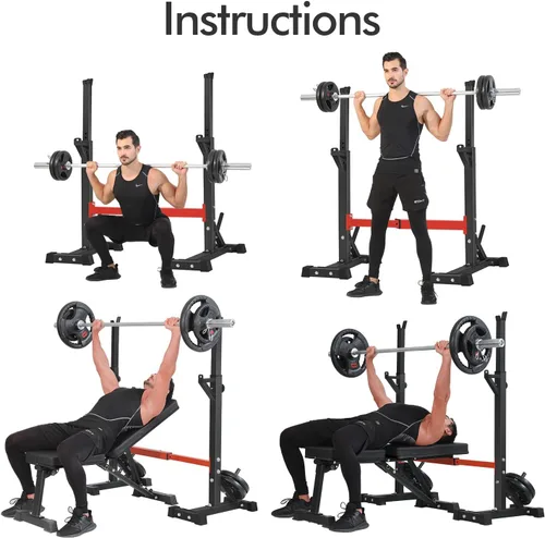 Miniatura 5 de BangTong&Li Soporte para sentadillas, estante para pesas, soporte de prensa de banco, soporte para gimnasio en casa, soporte de peso ajustable