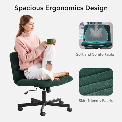 Miniatura 3 de EYYTHUNG Silla cruzada verde sin ruedas, asiento ancho sin brazos, silla de oficina giratoria de terciopelo acolchado para niñas