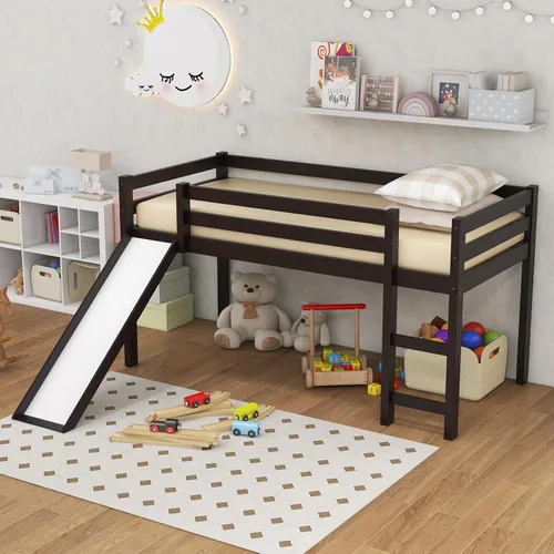 Giantex Cama alta individual con tobogán, cama baja de madera para niños, escalera de escalada y espacio de almacenamiento, cama individual para