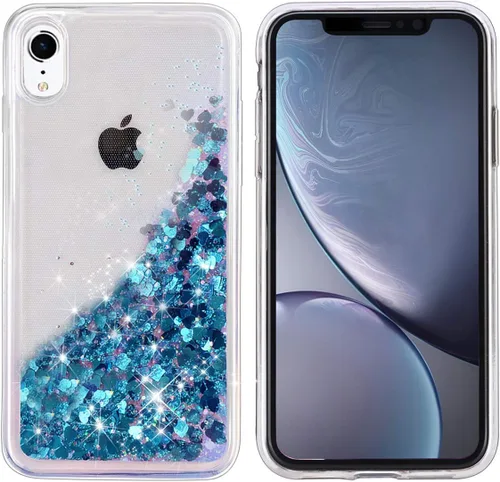 Miniatura 5 de Funda protectora para iPhone XR, diseño de doble capa, líquido flotante flotante con purpurina colorida en cascada de TPU, color azul