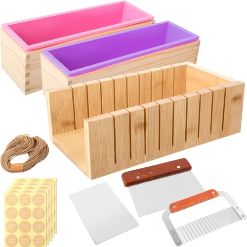 Honeydak Kit de 2 moldes de jabón de 42 onzas, juego de moldes de silicona para jabón con rebanador ondulado y recto de acero inoxidable, 50 bolsas,