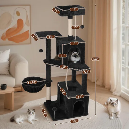 Miniatura 3 de Torre de árbol para gatos de varios niveles de 54 pulgadas con hamaca, condominios y postes rascadores, muebles grandes para gatos
