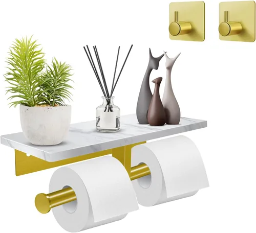 Miniatura 8 de Soporte de papel higiénico con estante, soporte de pared doble para papel higiénico y 2 ganchos adhesivos gratuitos para baño, baño, soporte