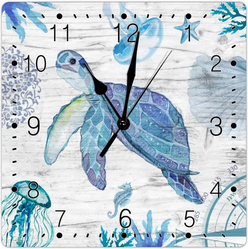 Reloj de madera con decoración del océano, estilo vintage, playa, vida marina, tortuga azul, reloj cuadrado de tortuga marina de madera, reloj de