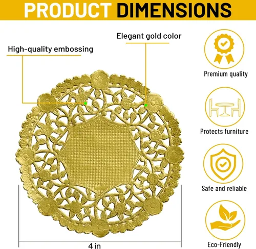Miniatura 4 de Tapones redondos de papel de encaje de papel dorado de 4 pulgadas, ideales para servir pequeñas golosinas o rodar alrededor de cubiertos