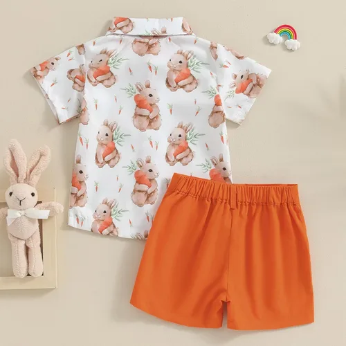 Miniatura 6 de Lnzyyephy Conjunto de ropa de verano para bebé niño, camisa de manga corta con botones + pantalones cortos sólidos