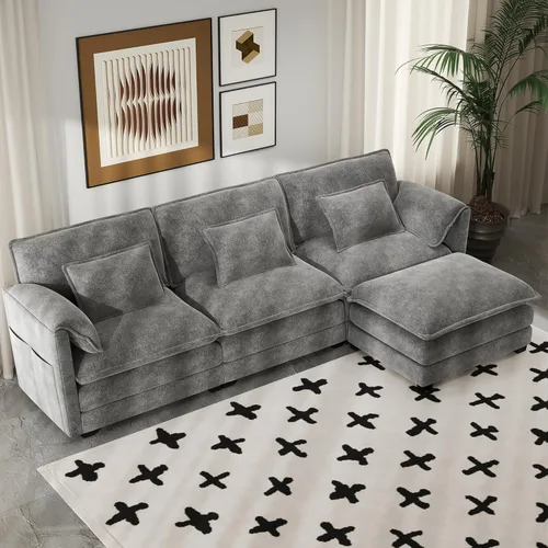 Miniatura 10 de Real Relax 145'' Sofá seccional modular, sofá convertible de 4 plazas con chenilla, 8 almohadas y 2 reposabrazos para sala de estar, oficina