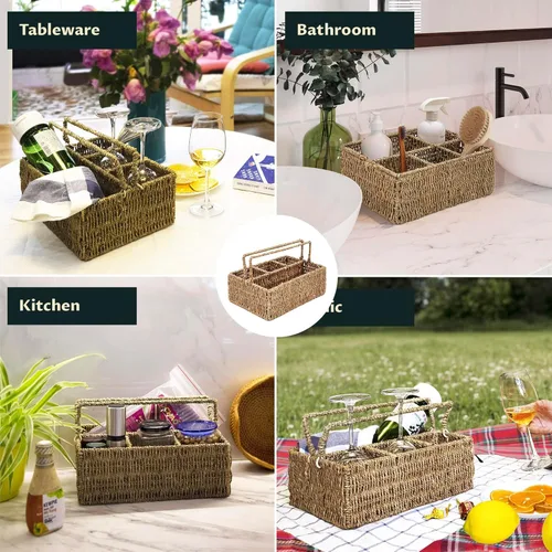 Miniatura 9 de PEMAR Organizador grande de utensilios tejido a mano de tamaño L, soporte de mimbre de yute natural para mesa, juego de cocina, organizador