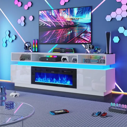 Miniatura 18 de chartustriable Soporte de TV LED para TV de 80 pulgadas, centro de entretenimiento alto moderno con tomas de corriente, soporte de TV de alto