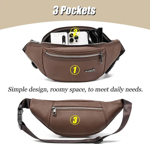 Miniatura 4 de Riñonera de cuero negro para hombres y mujeres, bolsa de cintura de cuero genuino con correa ajustable para caminar, senderismo, ciclismo, marrón
