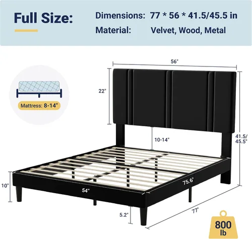 Miniatura 2 de Allewie Marco de cama de plataforma de tamaño matrimonial con cabecera ajustable, tapizado de terciopelo de felpa, canal vertical acolchonado, Negro