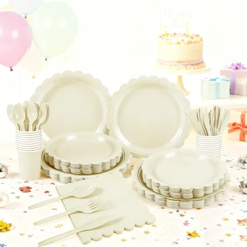 Miniatura 3 de 176 platos y servilletas color marfil, platos festoneados beige, servilletas, vasos, cubiertos, mantel para baby shower, boda, decoración de fiesta