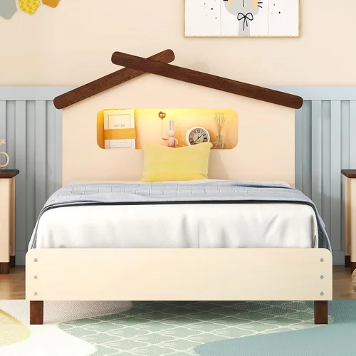 Miniatura 33 de Cama de plataforma de madera de tamaño individual con cabecera en forma de casa, soporte de listones de madera, para dormitorio de niños, niñas