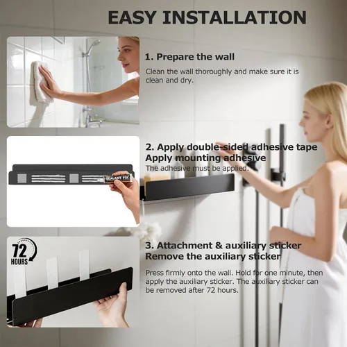 Miniatura 2 de REKITA Organizador de estante de ducha sin perforación, 40cm de acero inoxidable para almacenamiento en el baño con 4 ganchos removibles, estante