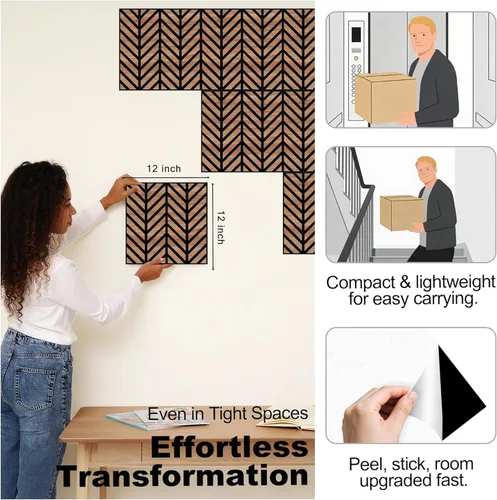 Miniatura 5 de Mollywell Paneles acústicos, decoración de grano de madera de PVC, azulejos de pared con patrón tallado de 12 x 12 pulgadas, autoadhesivos