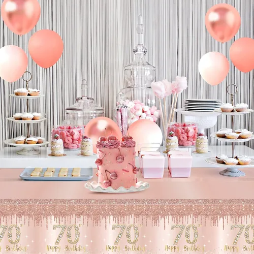Miniatura 6 de Pack de 3 manteles de cumpleaños número 70 para mujer, rosado y dorado, mantel de plástico desechable rectangular para fiesta de cumpleaños número