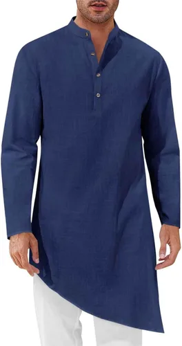 Miniatura 6 de Bata de caftán para hombre, de algodón, manga larga, estilo Henley, casual, musulmán, Kurta, tops