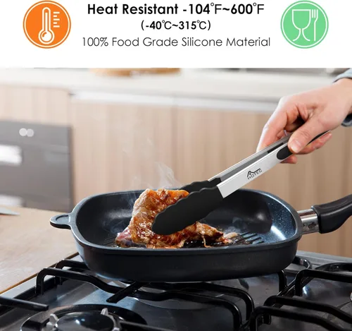 Miniatura 2 de HOTEC Pinzas de cocina de acero inoxidable de alta calidad con puntas de silicona, juego de pinzas de cocina resistentes al calor, juego de 3-7, 9