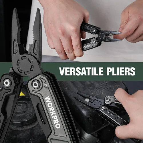Miniatura 6 de WORKPRO Multiherramienta de 11 en 1 con alicates, clip de bolsillo y funda - Cuchillo multiuso EDC con cierre de seguridad - Cuchillo de bolsillo