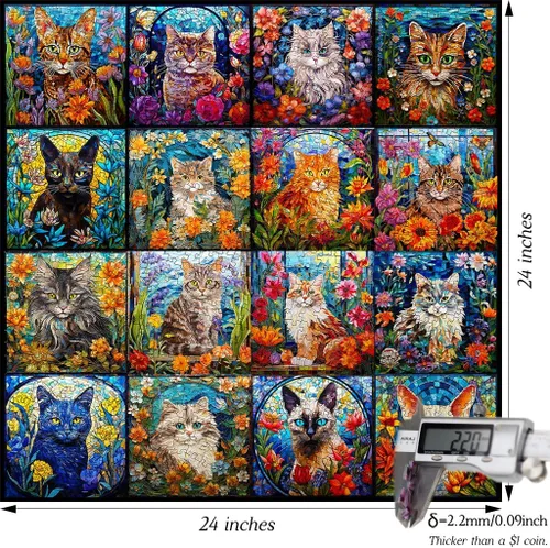 Miniatura 7 de Bgraamiens Rompecabezas de arte de mosaico de gatos, 1000 piezas, arte de vidrieras con gatos y flores, desafío de color para adultos
