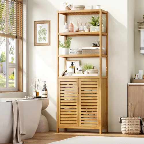 HIFIT Armario alto de almacenamiento para baño, gabinete de baño estrecho de bambú de 66 pulgadas con 2 puertas y estantes abiertos de 4 niveles,