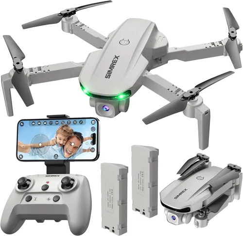 SIMREX Dron con cámara para niños principiantes y adultos – Cuadricóptero RC plegable con retención de altitud, posicionamiento de flujo óptico, Gris