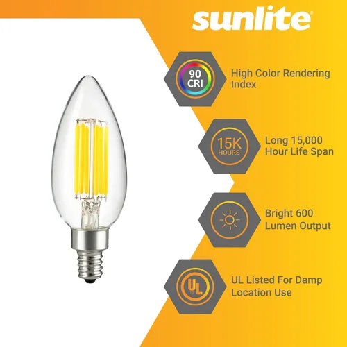 Miniatura 3 de Sunlite Bombilla LED B11 estilo filamento para lámpara de araña, punta torpedo, 5.5 vatios (equivalente a 60 W) regulable, 600 lúmenes, base