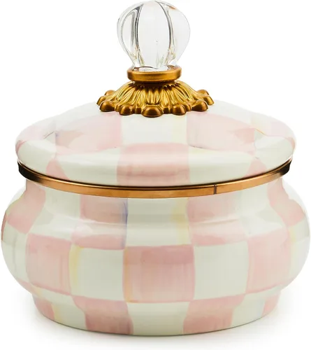 Miniatura 11 de MACKENZIE-CHILDS Olla aplastada de esmalte, bonito recipiente esmaltado con tapa, 20 onzas, a cuadros cortesanos en blanco y negro color fantasía
