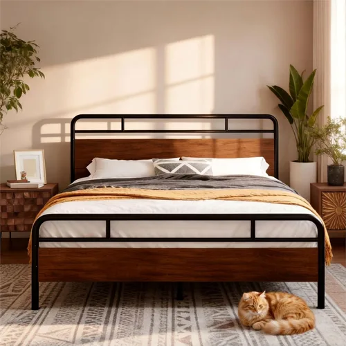 Miniatura 9 de IMUsee Base de cama matrimonial con cabecera de madera industrial, almacenamiento debajo de la cama de 12 pulgadas, base de colchón, no necesita