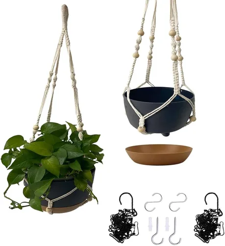 Macetas colgantes de autorriego, juego de 2 colgadores de plantas de macramé bohemio, macetas colgantes con drenaje para interiores y exteriores