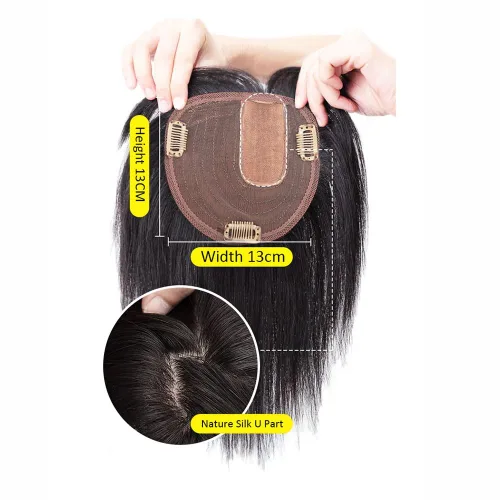 Miniatura 5 de Parte en U de cabello humano real con base de seda, parte lateral, clip en el postizo lacio, sin costuras, repuesto para pérdida de cabello de Negro