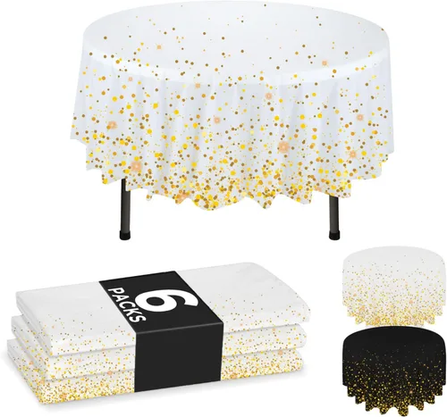 Miniatura 10 de NORZEE Paquete de 6 manteles de plástico desechables color negro, mantel de plástico de 84 pulgadas, mantel redondo color negro y dorado CONFETY