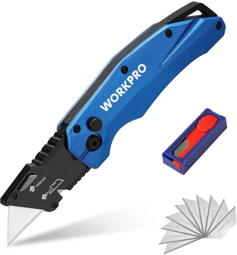 Miniatura 11 de WORKPRO Cuchillo Utilitario Plegable, Metal Resistente, Cortador de Caja de Bloqueo de Eje de Apertura Rápida, Cuchillo de Hoja de Cambio Rápido, 1