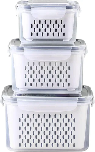 Juego de 3 recipientes de almacenamiento de alimentos para refrigerador con tapas con colador, recipientes de almacenamiento de frutas y verduras
